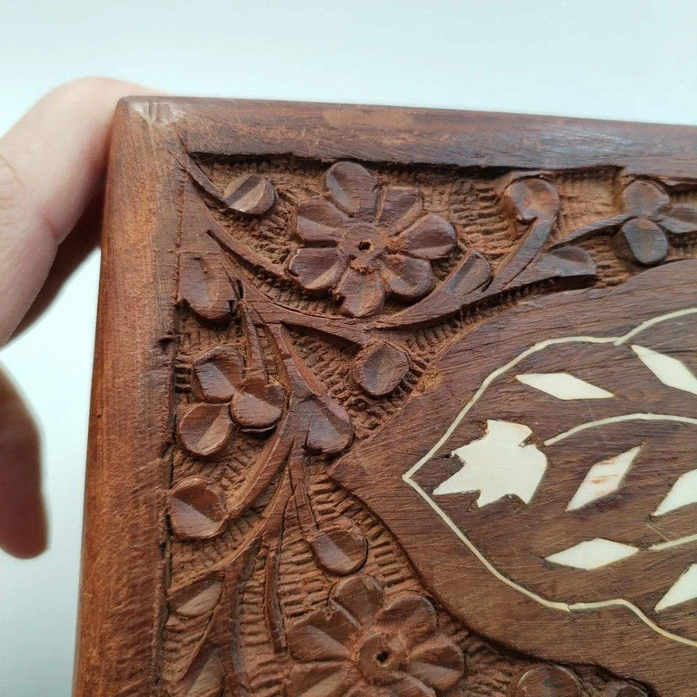 Vintage Hand Carved Indian‎ Wood Jewelry Box Inlay Floral Trinket Boho 6